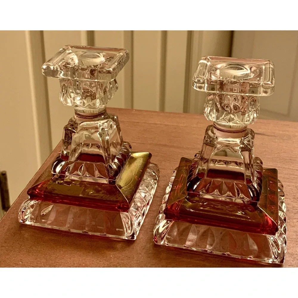Set Of‎ 2 Vintage Westmoreland Wedding Pattern Ruby Flash Crystal Candlesticks.
